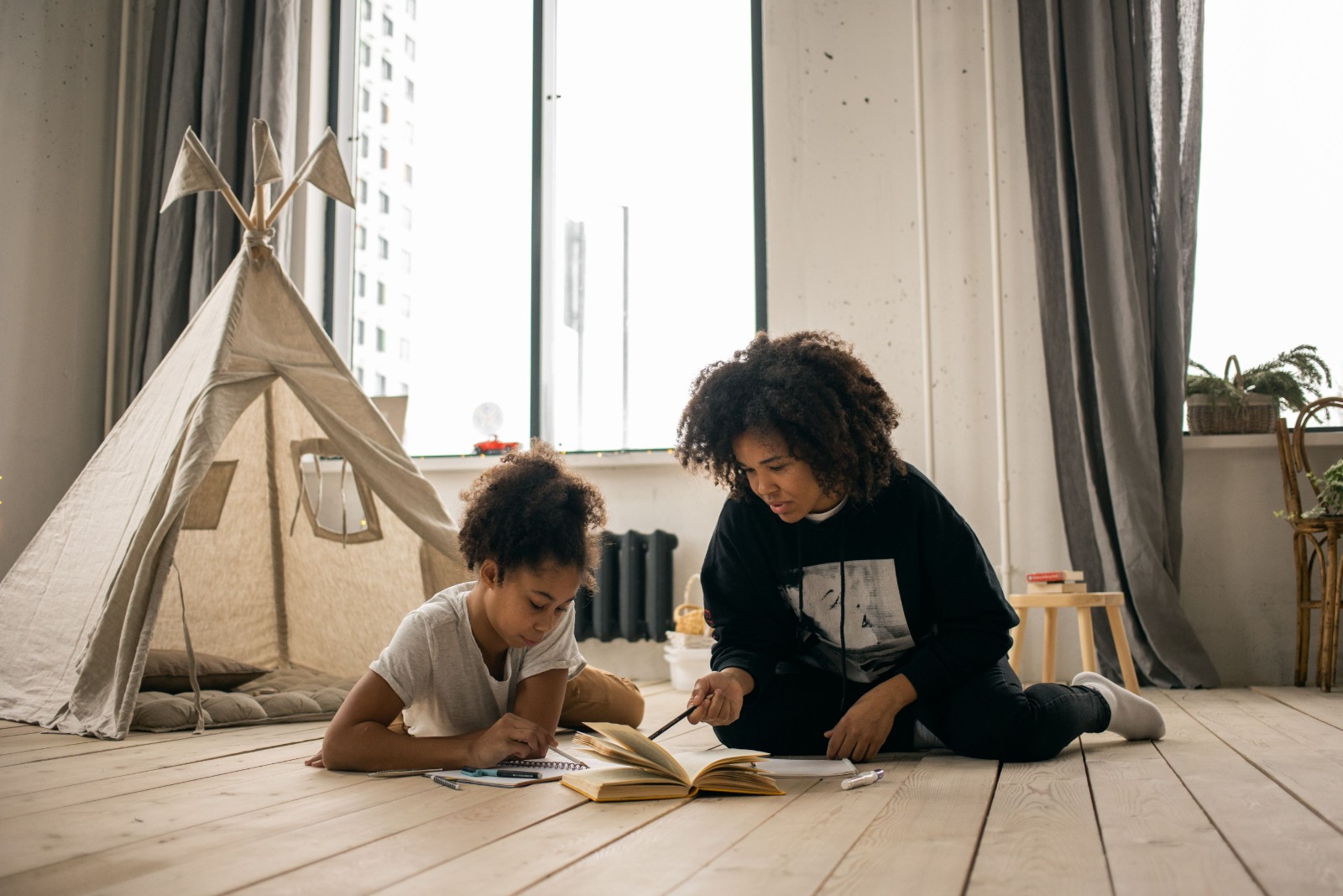 A parent talking to a child about school
