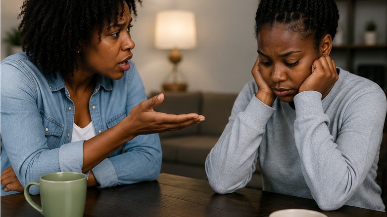 A woman taking a moment to breathe during a conversation.