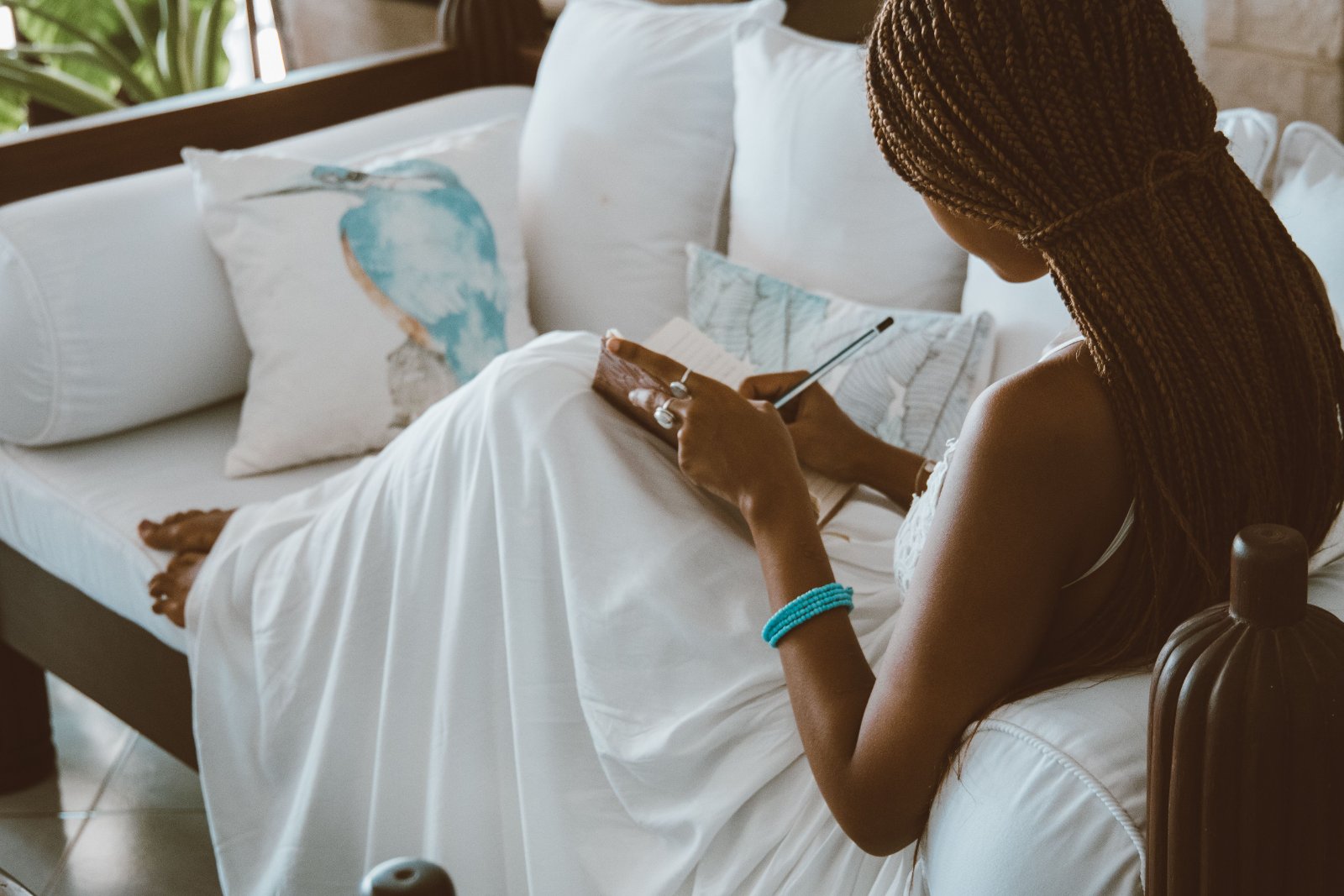 A woman looking contemplative and thoughtful.