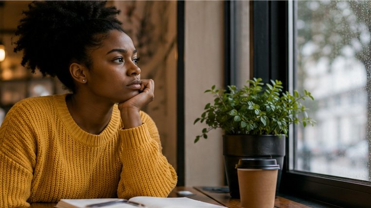 A Black girl looking contemplative in a classroom setting.